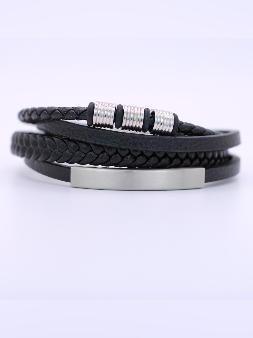 Men's Black Leather Multi-Strand Bracelet with Silver Accent
